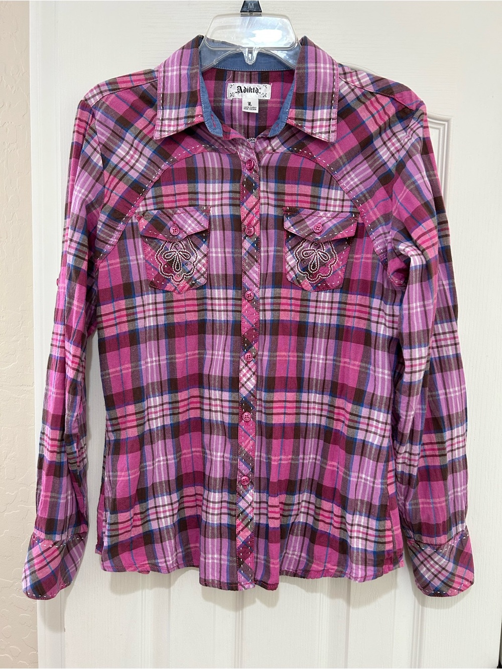 Adiktd Women’s Pink and Purple Plaid Button-Down Shirt with Embroidered Pockets